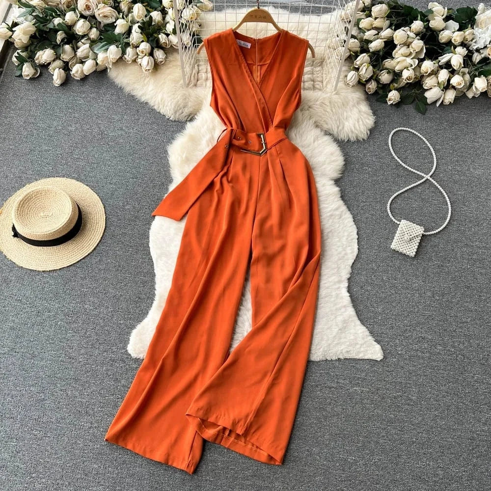V-neck Solid Casual Long Jumpsuits Autumn Jump Suits Ladies Elegant Overalls One Piece Wholesale