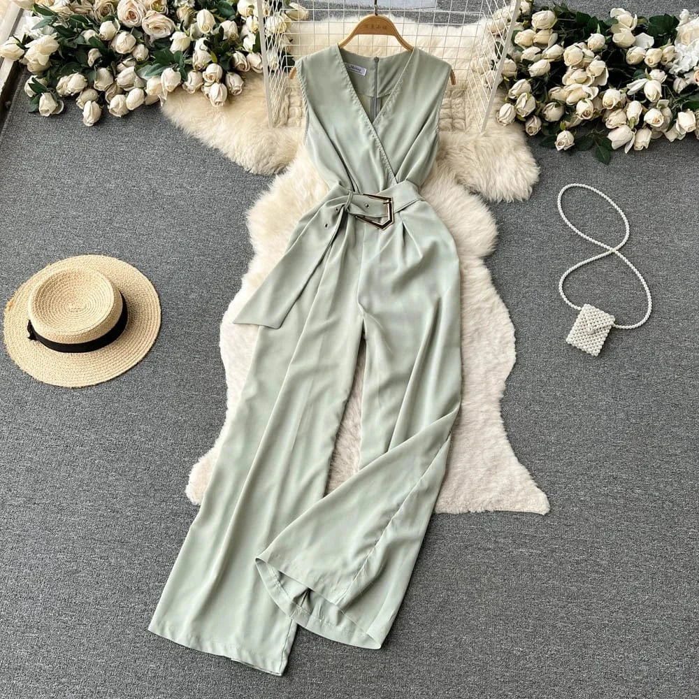 V-neck Solid Casual Long Jumpsuits Autumn Jump Suits Ladies Elegant Overalls One Piece Wholesale