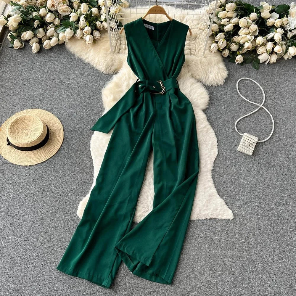 V-neck Solid Casual Long Jumpsuits Autumn Jump Suits Ladies Elegant Overalls One Piece Wholesale
