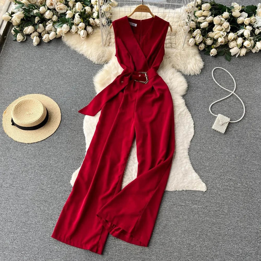 V-neck Solid Casual Long Jumpsuits Autumn Jump Suits Ladies Elegant Overalls One Piece Wholesale