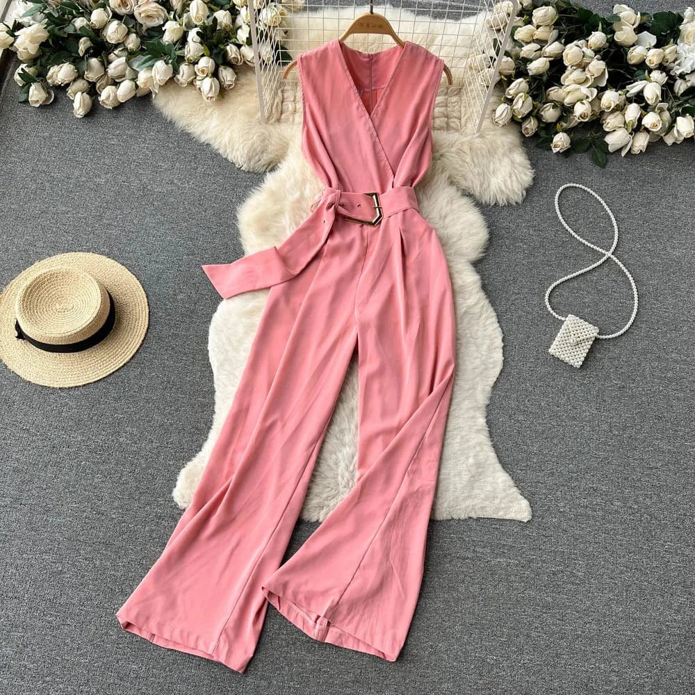 V-neck Solid Casual Long Jumpsuits Autumn Jump Suits Ladies Elegant Overalls One Piece Wholesale