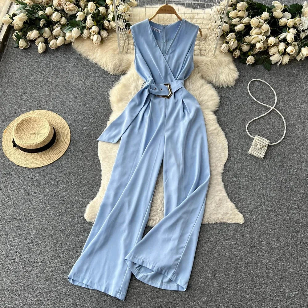V-neck Solid Casual Long Jumpsuits Autumn Jump Suits Ladies Elegant Overalls One Piece Wholesale