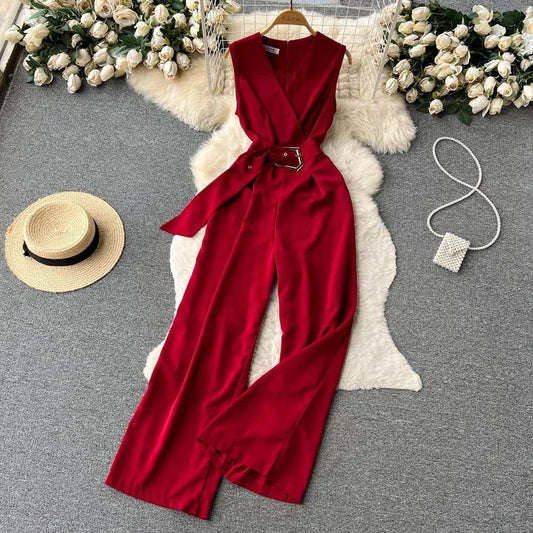 V-neck Solid Casual Long Jumpsuits Autumn Jump Suits Ladies Elegant Overalls One Piece Wholesale