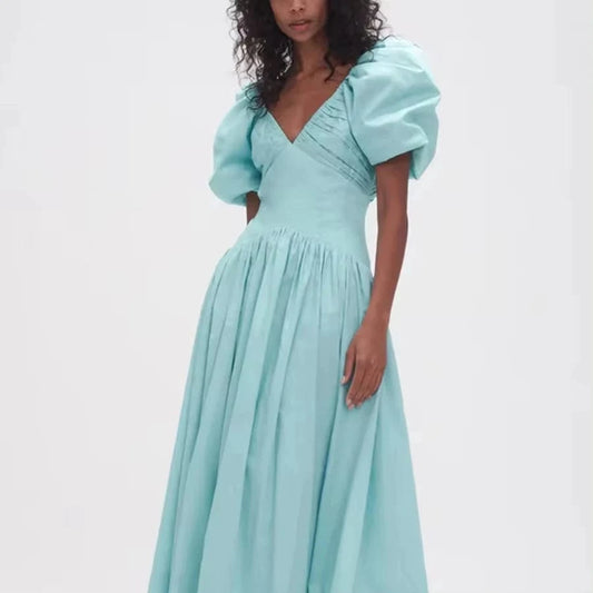 V-neck Solid French High Waist Long Dress Holiday Casual Fashion Show Women's Clothing 2024 Hot Selling Elegant Women's Dresses
