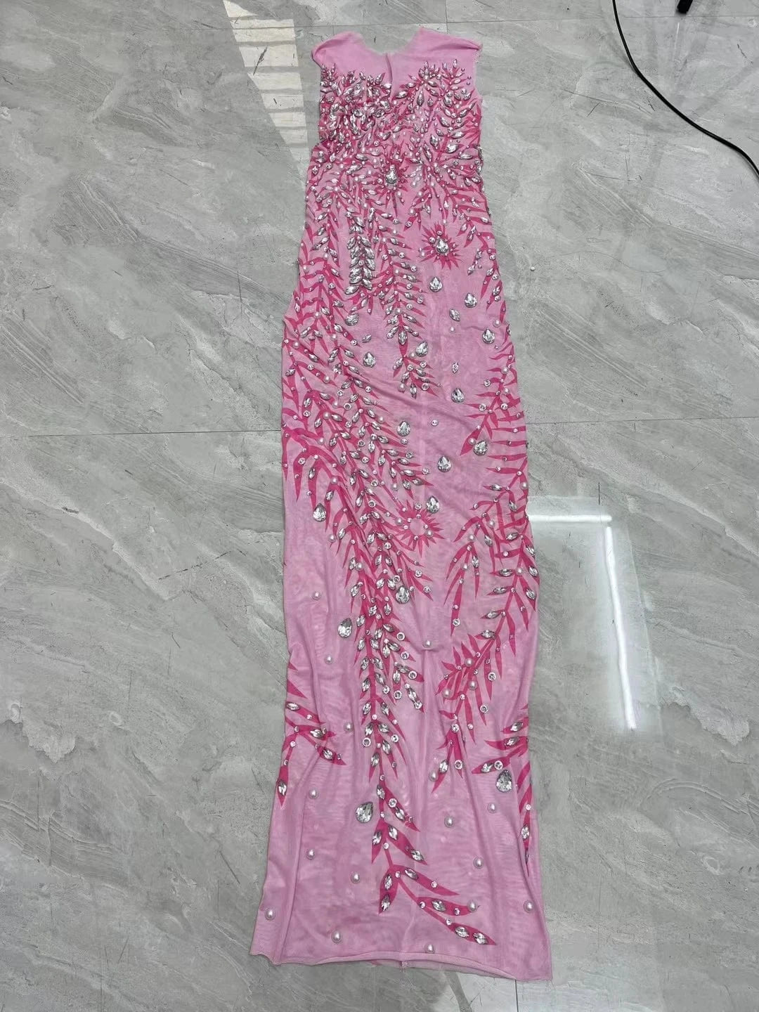 Vestido Pink See Through Crystal Pearls Birthday Party Long Dress Slim Fit Banquet Dress Women Sexy Formal Prom Evening Dresses