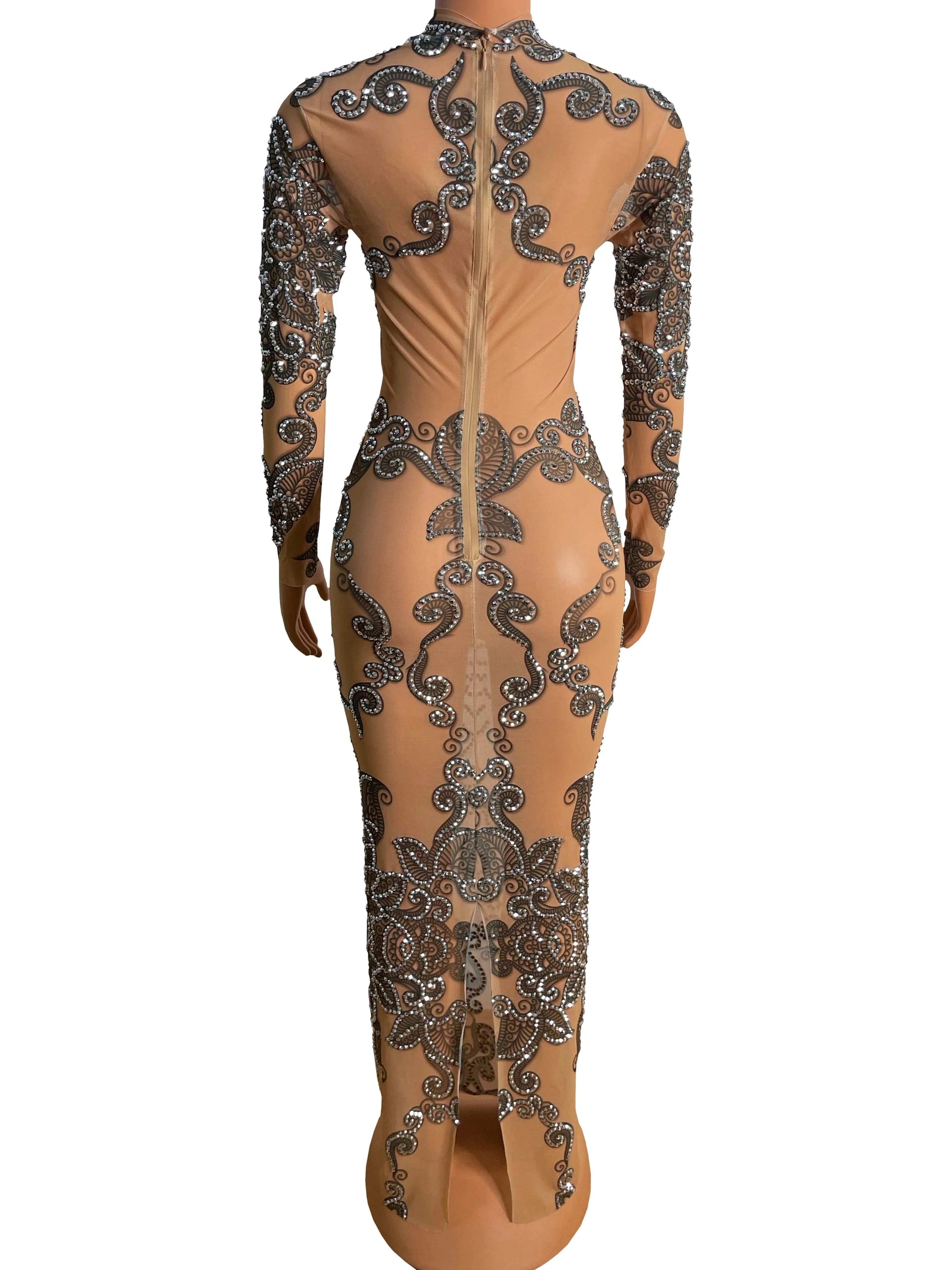 Vestido Sexy Long Sleeves Mesh Floral Pattern Rhinestone Wedding Evening Gown 2022 Women Bodycon Maxi Birthday Party Prom Dress