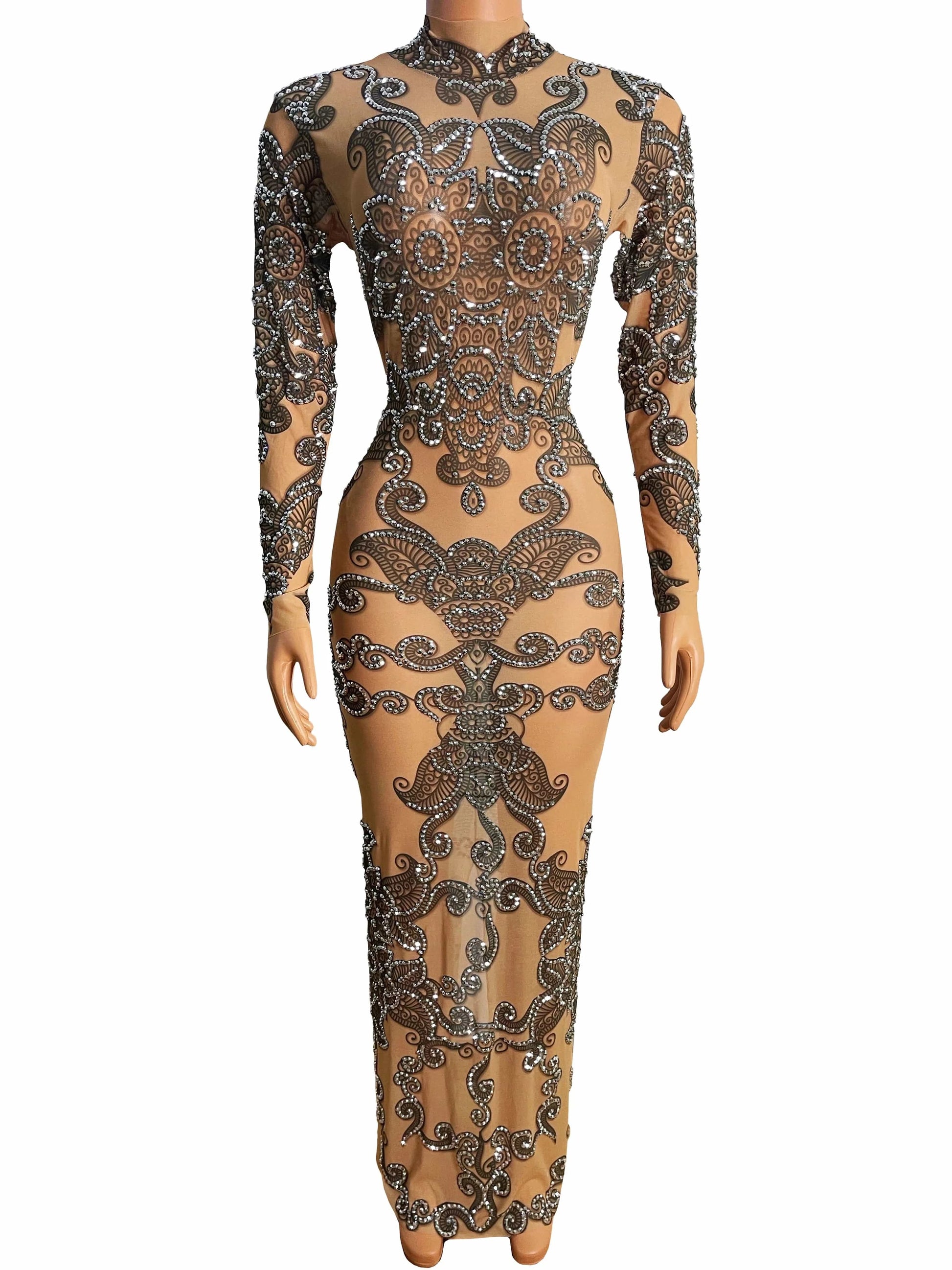 Vestido Sexy Long Sleeves Mesh Floral Pattern Rhinestone Wedding Evening Gown 2022 Women Bodycon Maxi Birthday Party Prom Dress