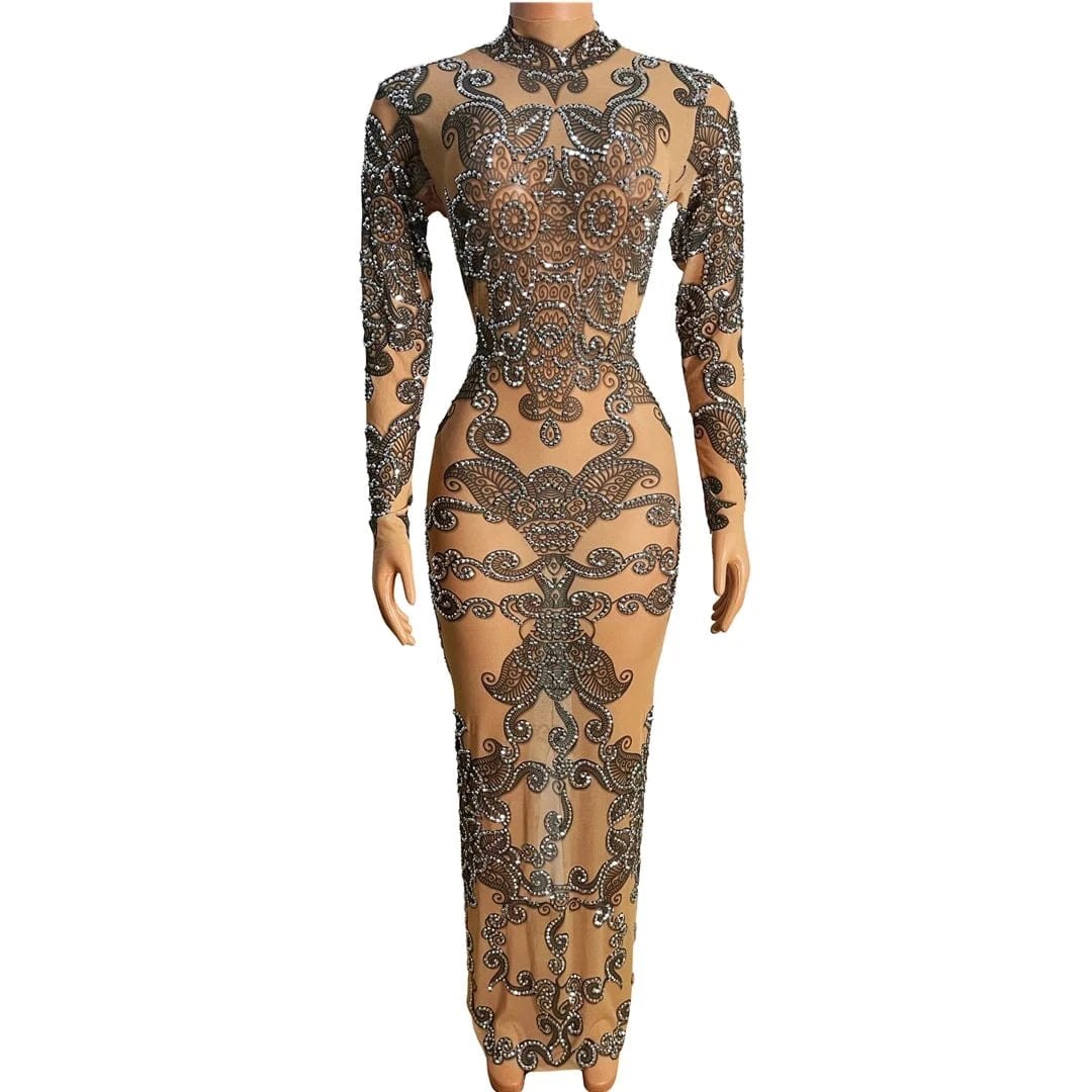 Vestido Sexy Long Sleeves Mesh Floral Pattern Rhinestone Wedding Evening Gown 2022 Women Bodycon Maxi Birthday Party Prom Dress