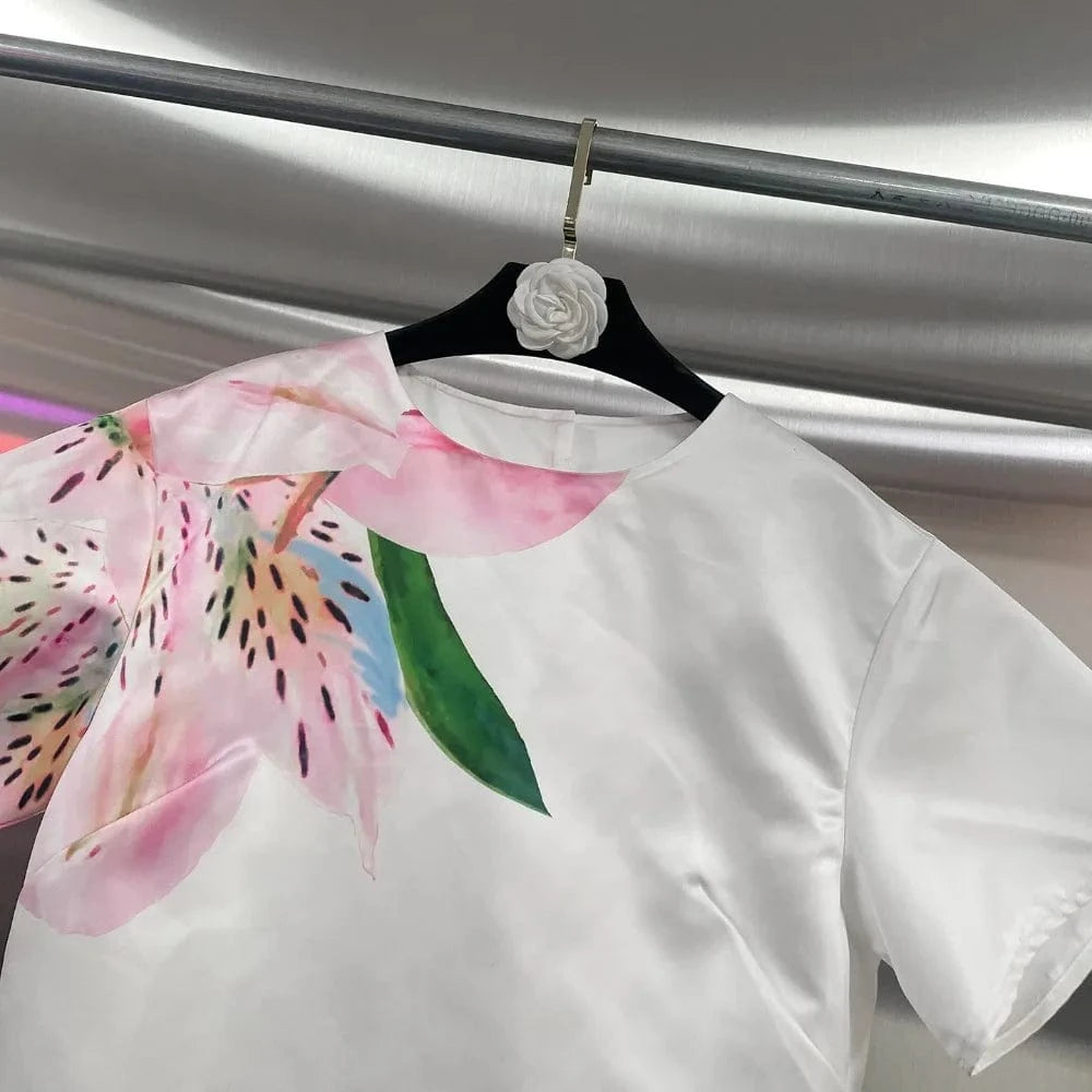 VGH Casual Printed Two Piece Set Fot Women O Neck Short Sleeve Top High Waist Slimming Flare Trousers Fashionable Suit Female