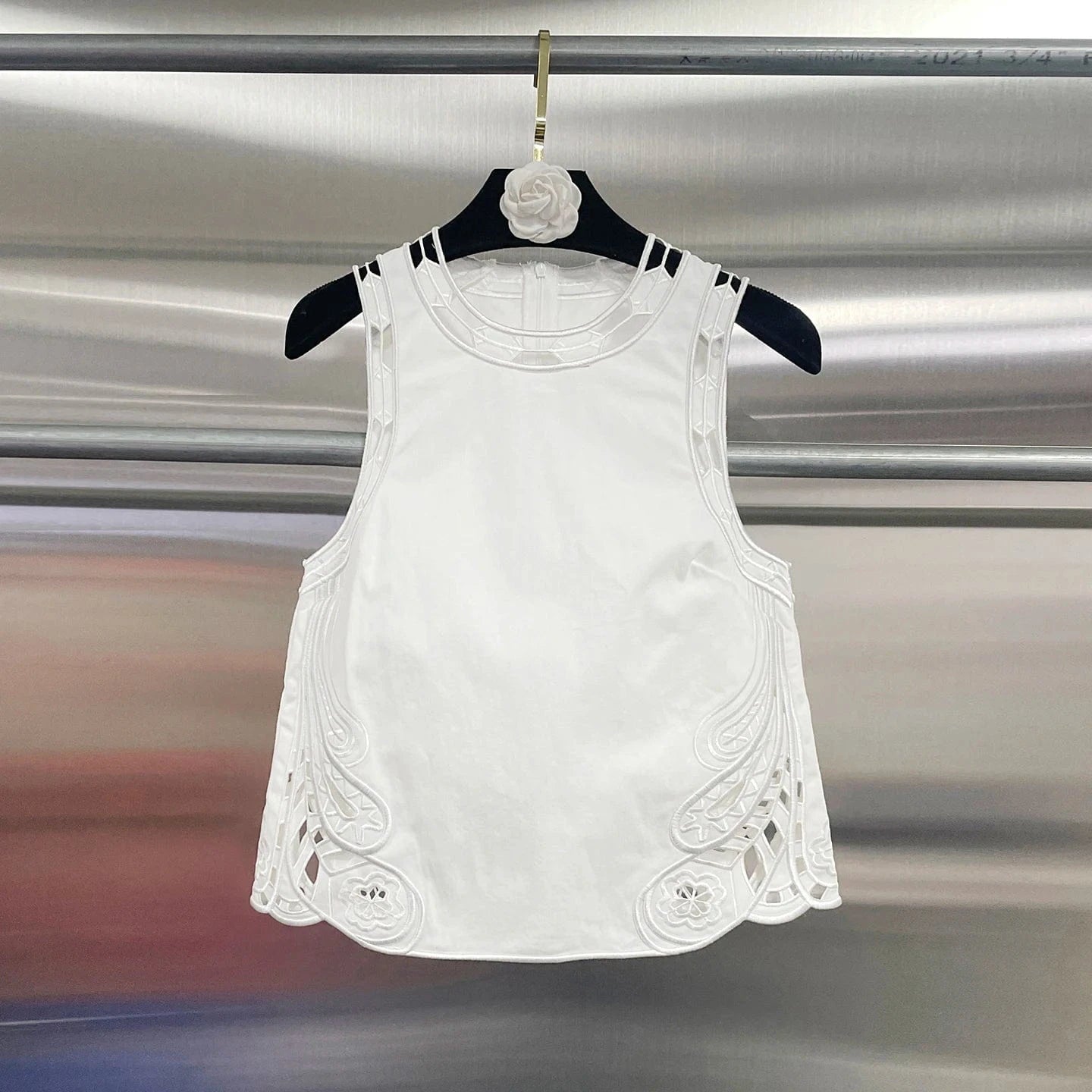 VGH Casual Two Piece Sets for Women O Neck Sleeveless Vest Hollow Out High Wasit Holiday Style Wide Leg Trousers Suit Female New