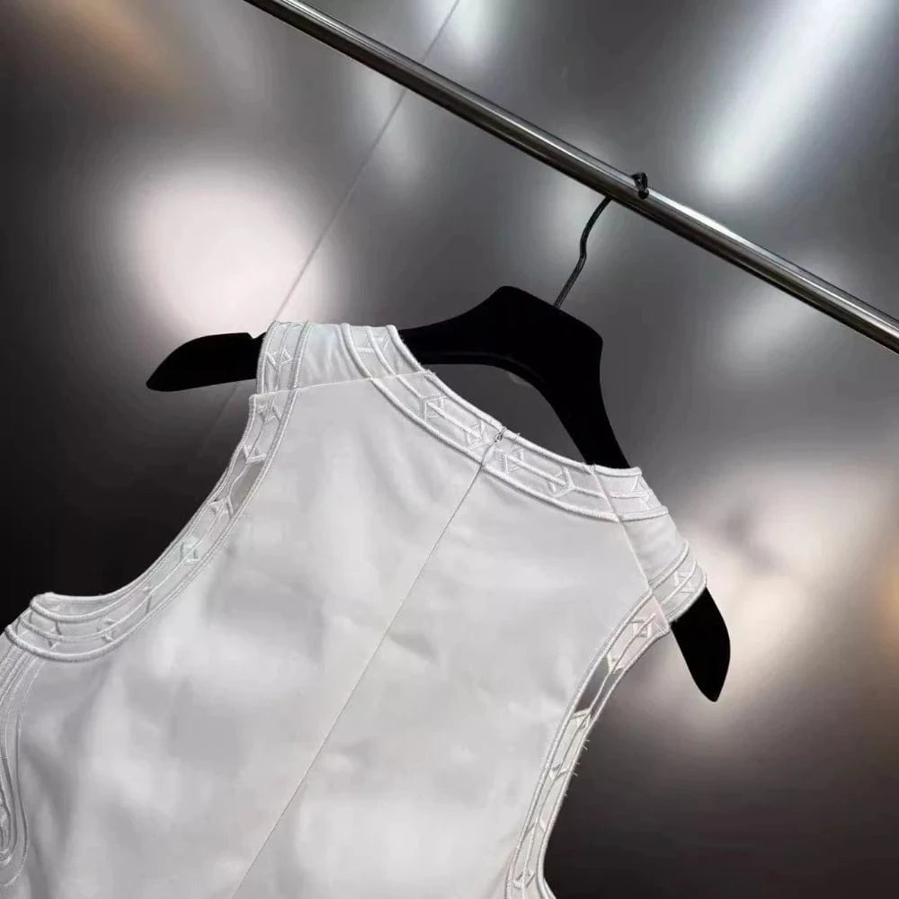 VGH Casual Two Piece Sets for Women O Neck Sleeveless Vest Hollow Out High Wasit Holiday Style Wide Leg Trousers Suit Female New