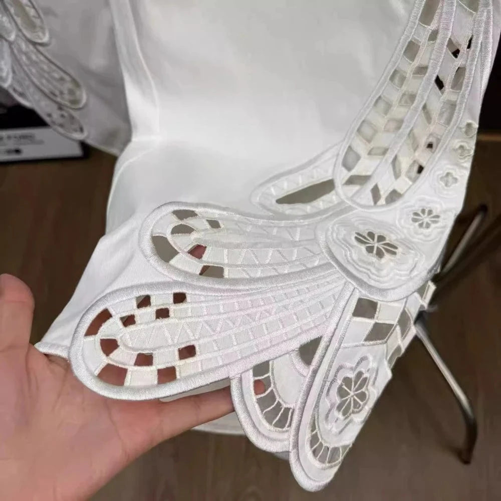 VGH Casual Two Piece Sets for Women O Neck Sleeveless Vest Hollow Out High Wasit Holiday Style Wide Leg Trousers Suit Female New