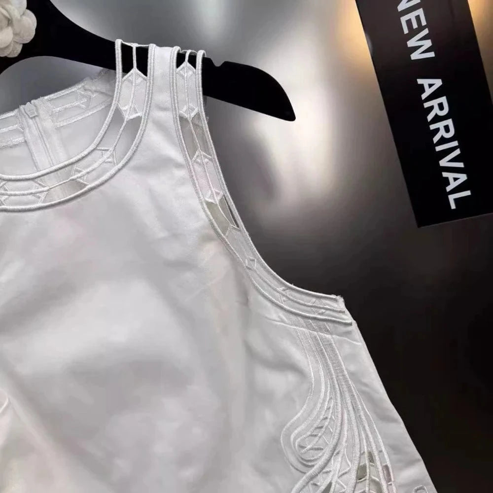 VGH Casual Two Piece Sets for Women O Neck Sleeveless Vest Hollow Out High Wasit Holiday Style Wide Leg Trousers Suit Female New