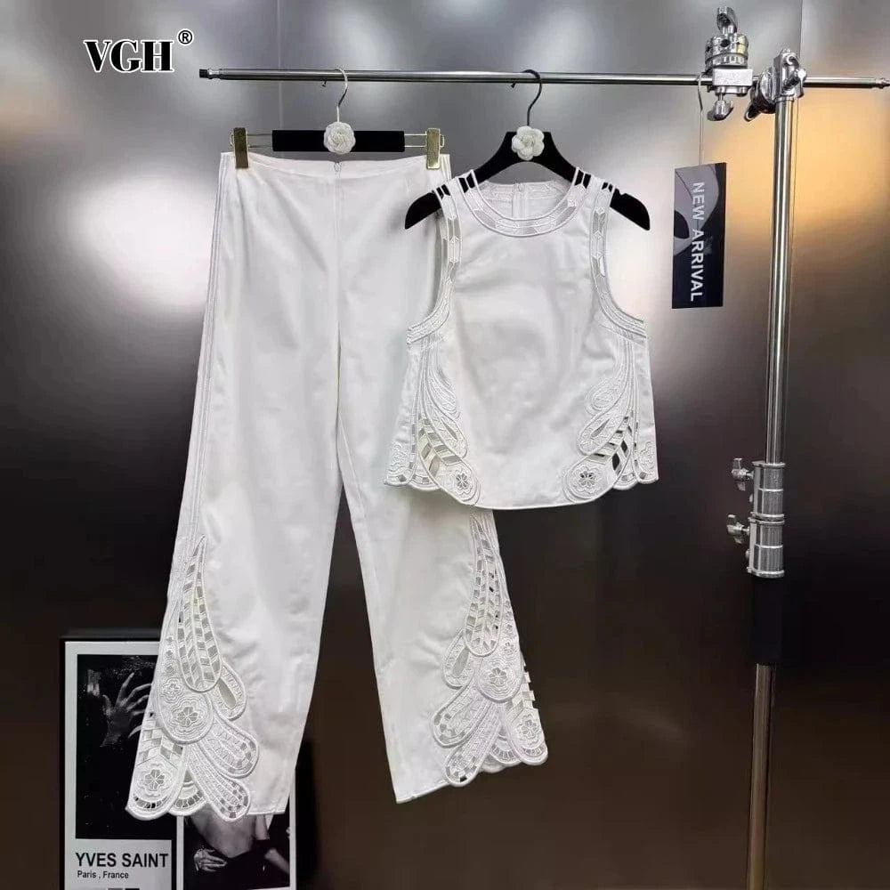 VGH Casual Two Piece Sets for Women O Neck Sleeveless Vest Hollow Out High Wasit Holiday Style Wide Leg Trousers Suit Female New