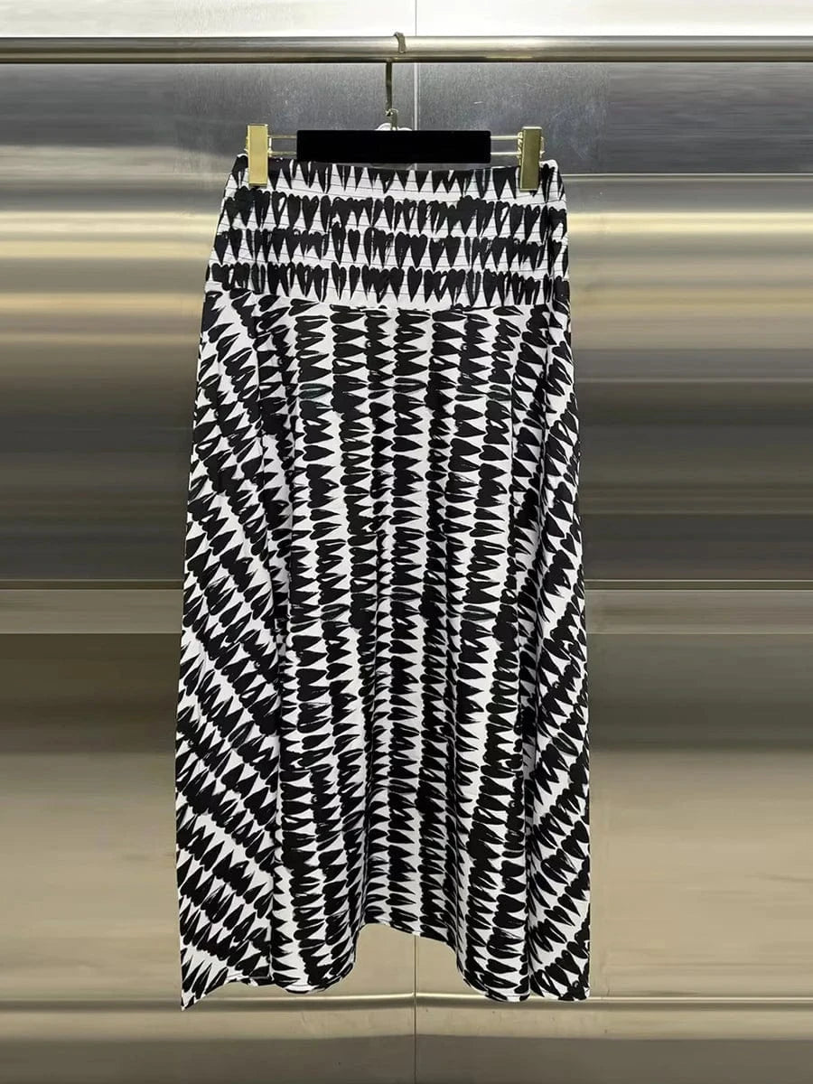 VGH Colorblock Printing Two Piece Set for Women Square Collar Sleeveless Top High Waist Slim A Line Maxi Skirts Sexy Sets Female