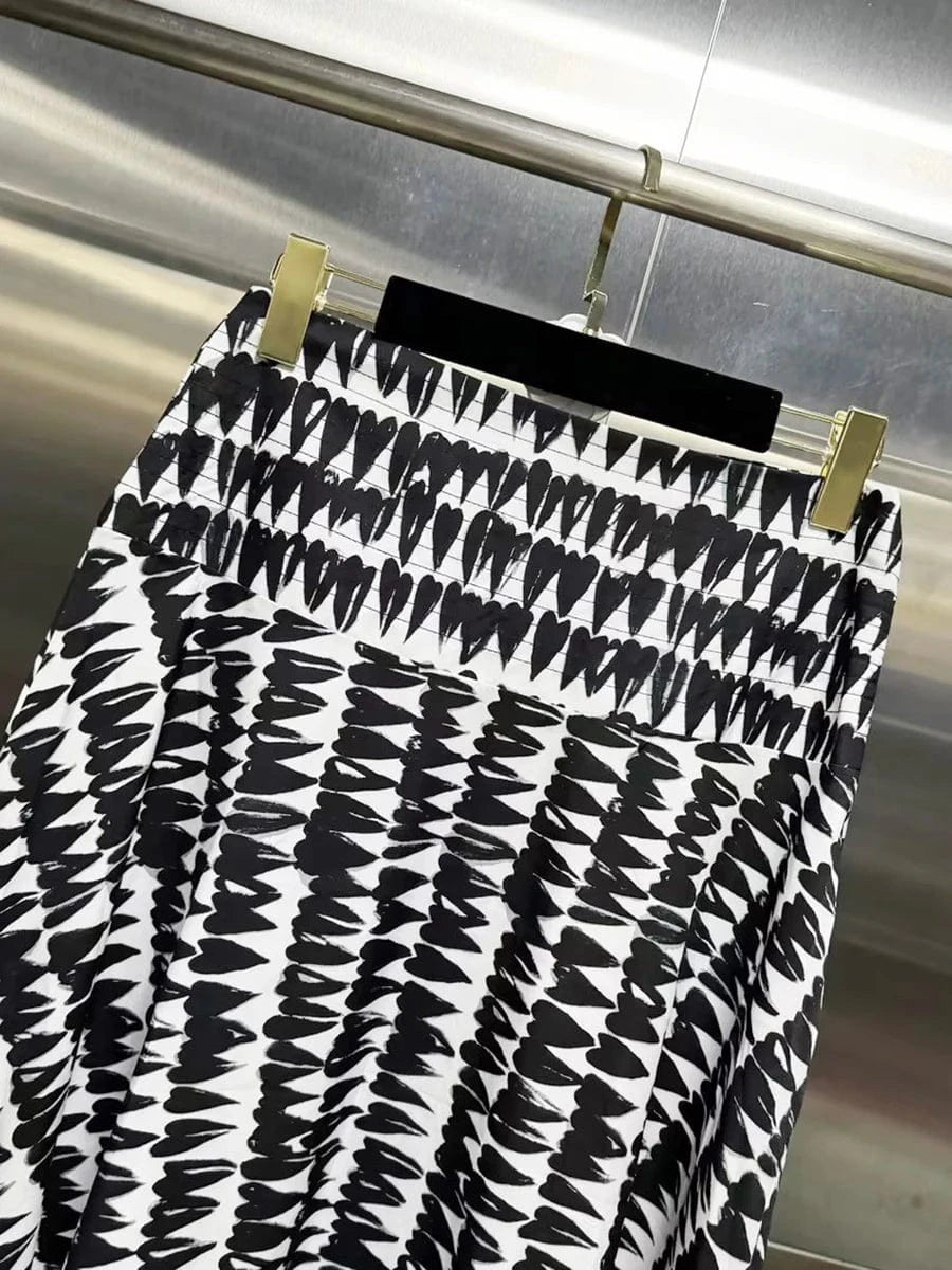 VGH Colorblock Printing Two Piece Set for Women Square Collar Sleeveless Top High Waist Slim A Line Maxi Skirts Sexy Sets Female