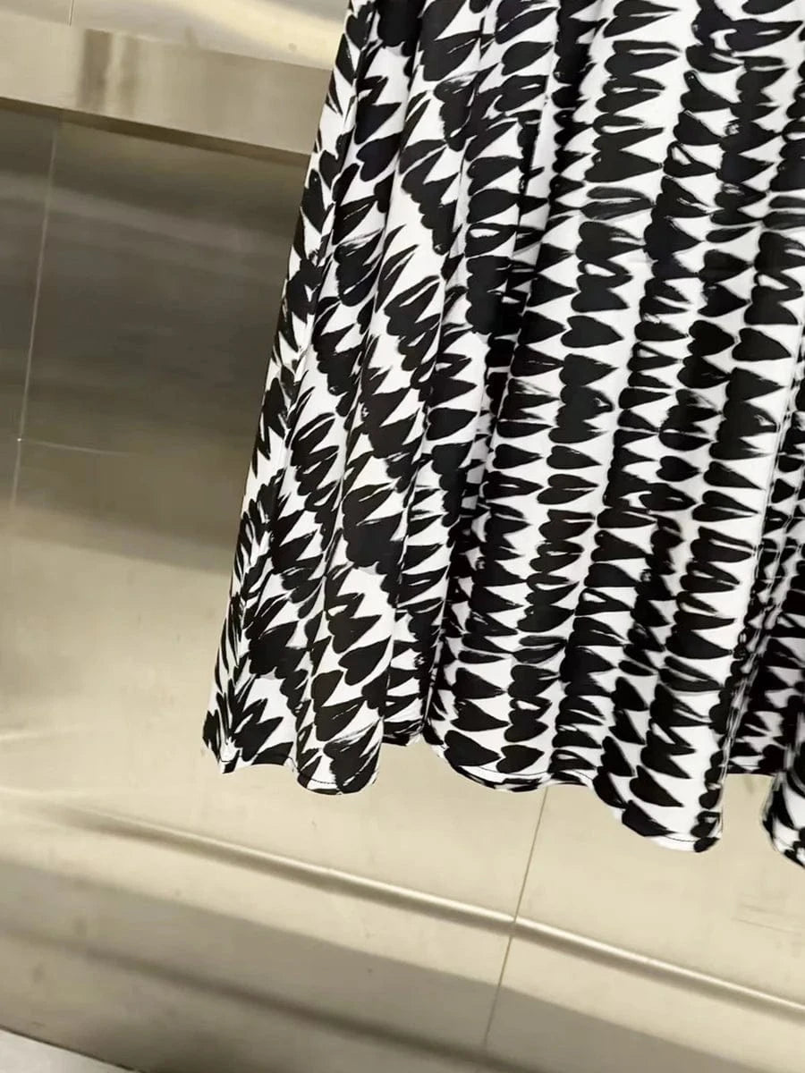 VGH Colorblock Printing Two Piece Set for Women Square Collar Sleeveless Top High Waist Slim A Line Maxi Skirts Sexy Sets Female