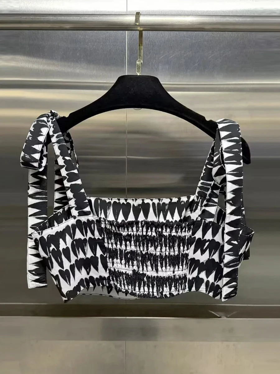 VGH Colorblock Printing Two Piece Set for Women Square Collar Sleeveless Top High Waist Slim A Line Maxi Skirts Sexy Sets Female