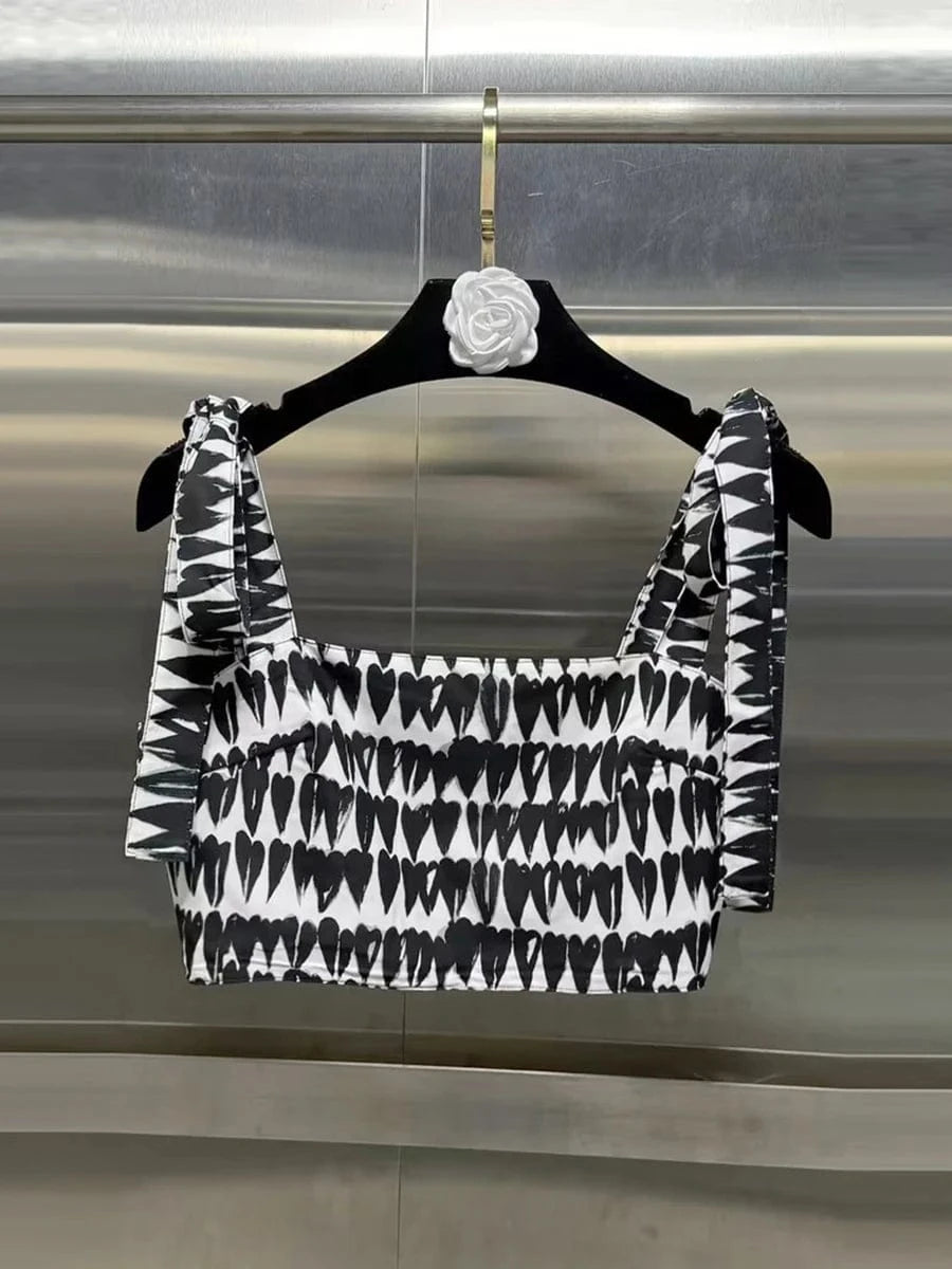 VGH Colorblock Printing Two Piece Set for Women Square Collar Sleeveless Top High Waist Slim A Line Maxi Skirts Sexy Sets Female