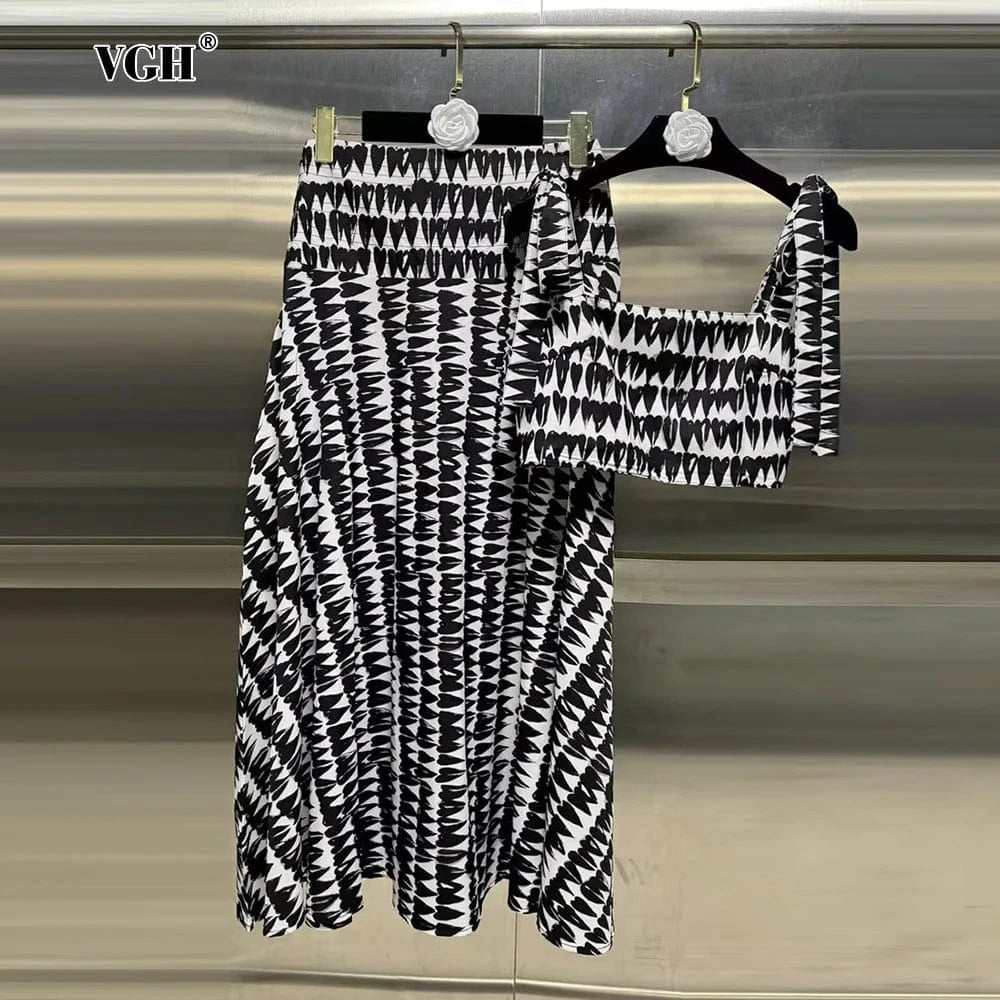VGH Colorblock Printing Two Piece Set for Women Square Collar Sleeveless Top High Waist Slim A Line Maxi Skirts Sexy Sets Female