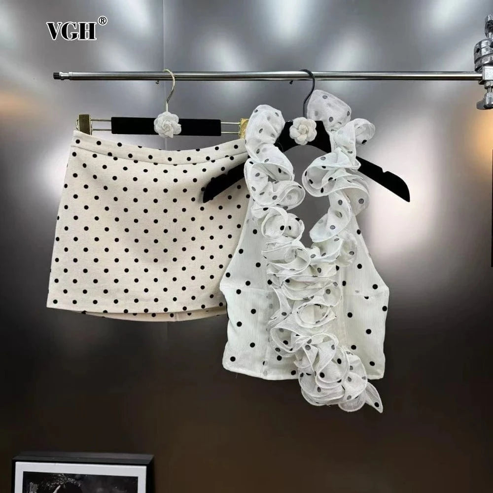 VGH Dot Printing Two Piece Set for Women Halter Neck Sleeveless Spliced Ruffles Edge Vest Mini Skirt French Fashion Sets Female