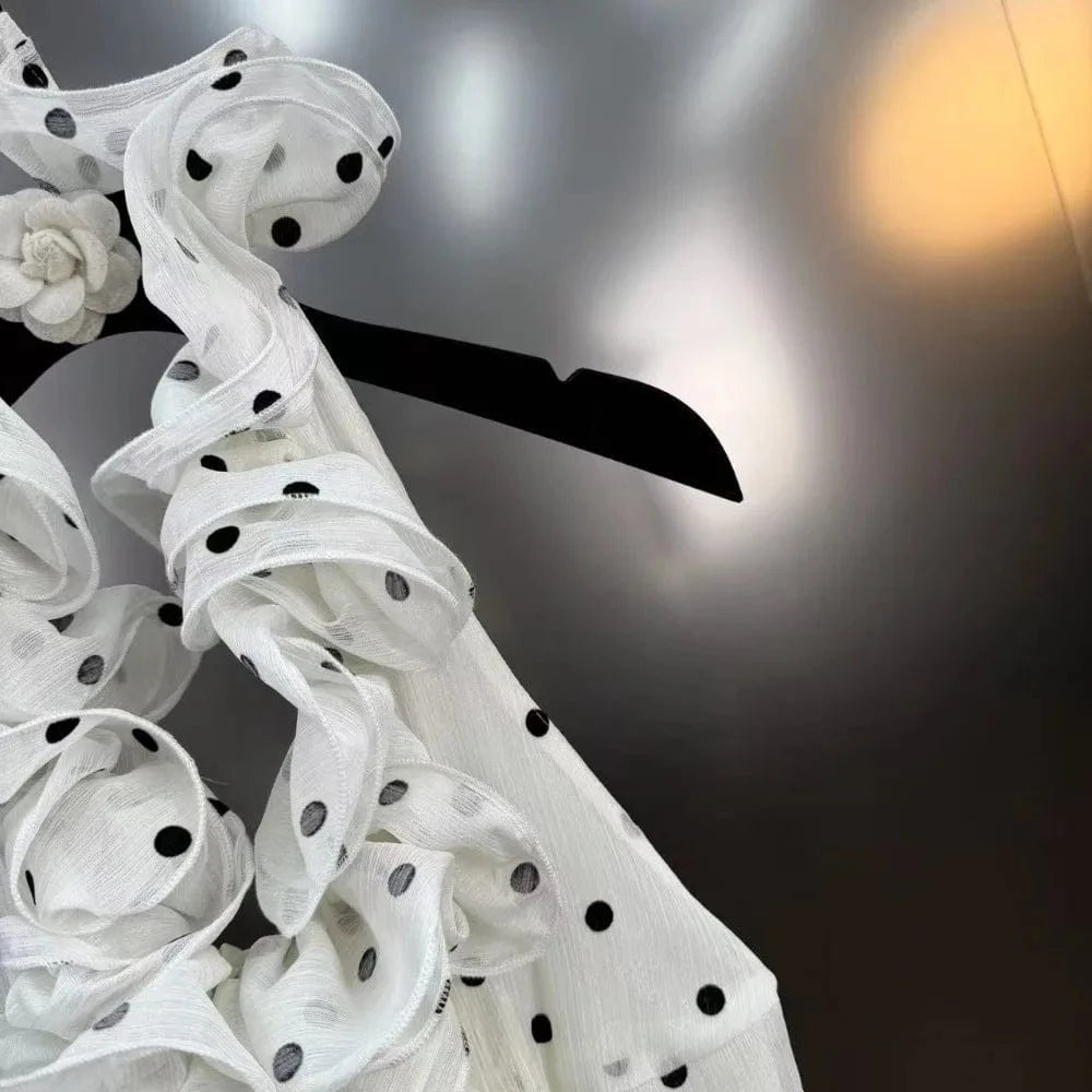 VGH Dot Printing Two Piece Set for Women Halter Neck Sleeveless Spliced Ruffles Edge Vest Mini Skirt French Fashion Sets Female