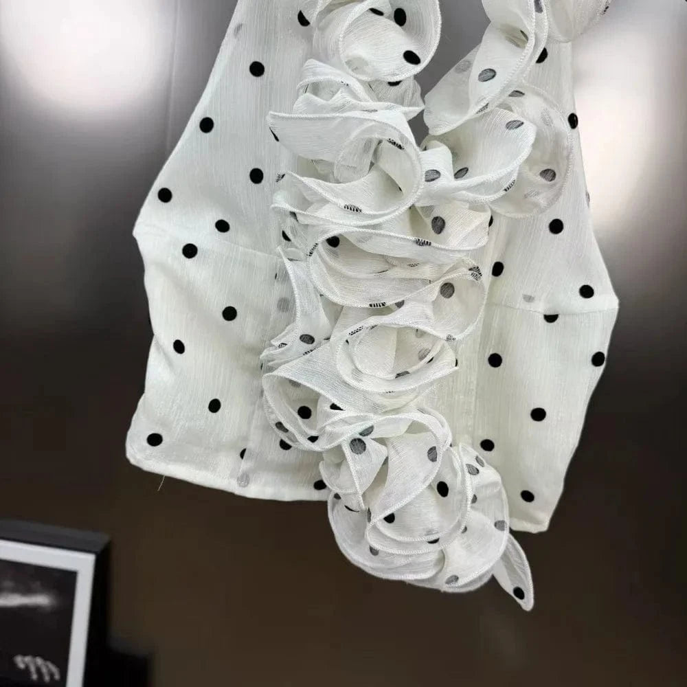 VGH Dot Printing Two Piece Set for Women Halter Neck Sleeveless Spliced Ruffles Edge Vest Mini Skirt French Fashion Sets Female