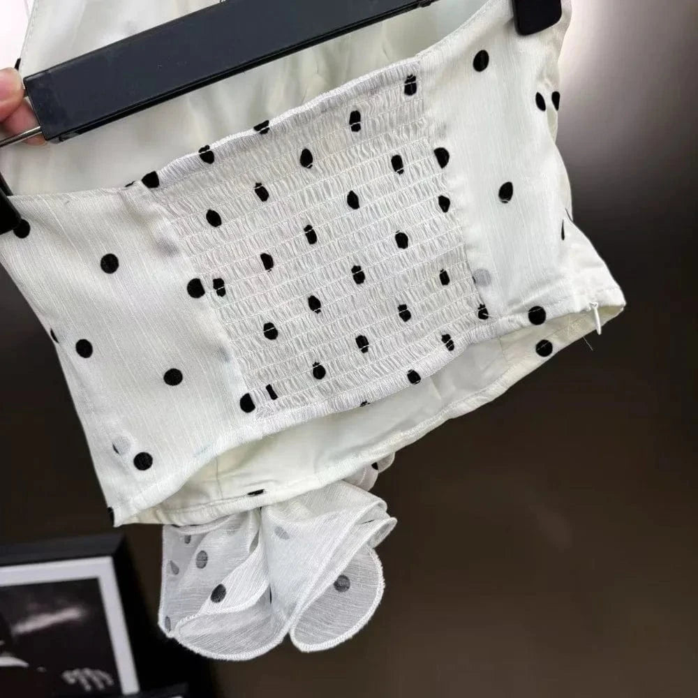 VGH Dot Printing Two Piece Set for Women Halter Neck Sleeveless Spliced Ruffles Edge Vest Mini Skirt French Fashion Sets Female