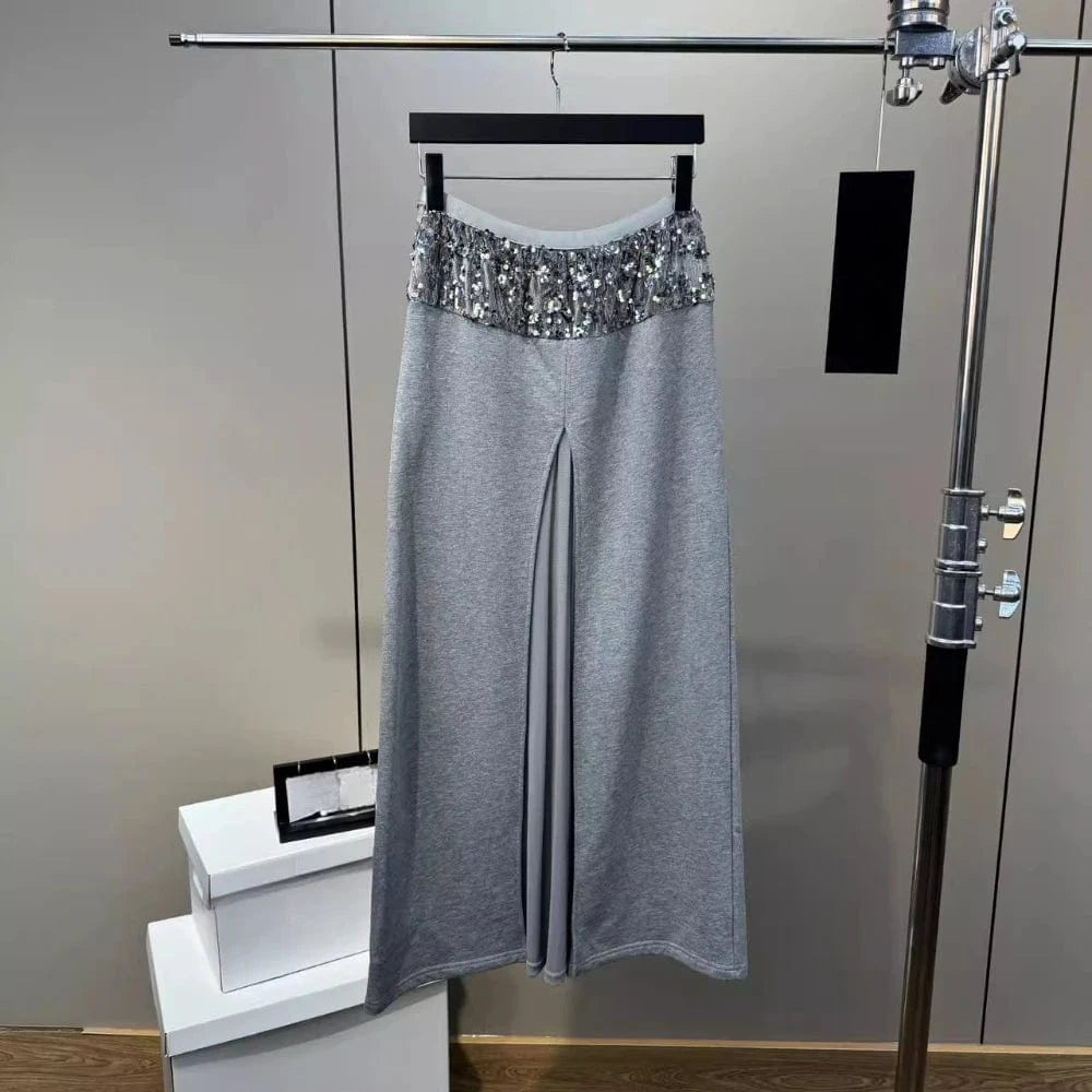 VGH Elegant Office Lady Patchwork Sequined Long Skirt for Women High Waist Spliced Mesh Split Temperament Skirts Female Spring