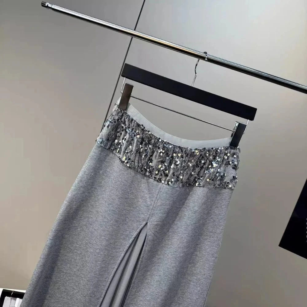 VGH Elegant Office Lady Patchwork Sequined Long Skirt for Women High Waist Spliced Mesh Split Temperament Skirts Female Spring