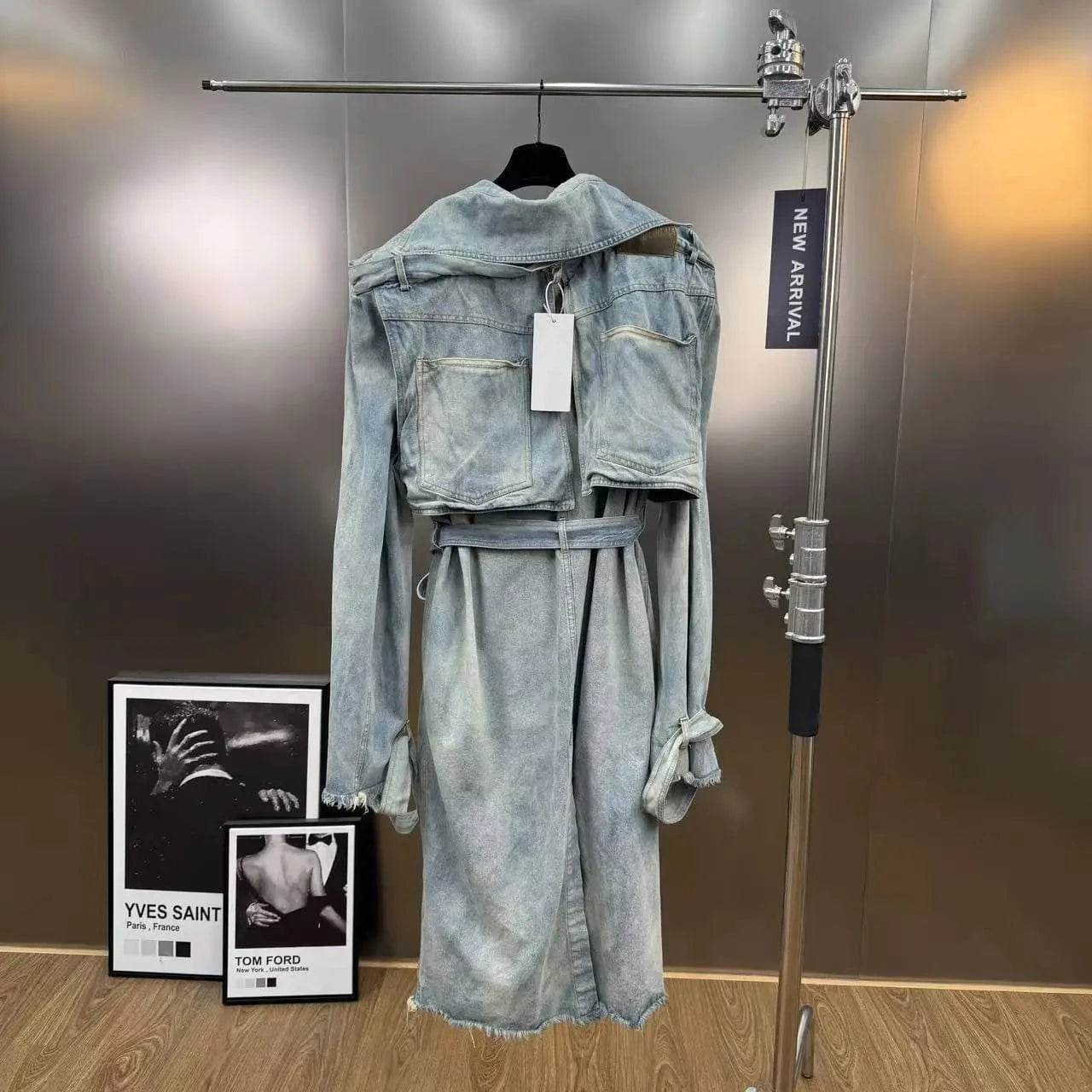 VGH Fashionable Patchwork Bandage Windbreaker for Women Lapel Long Sleeve Slimming Temperament Denim Jacket Female Autumn Style