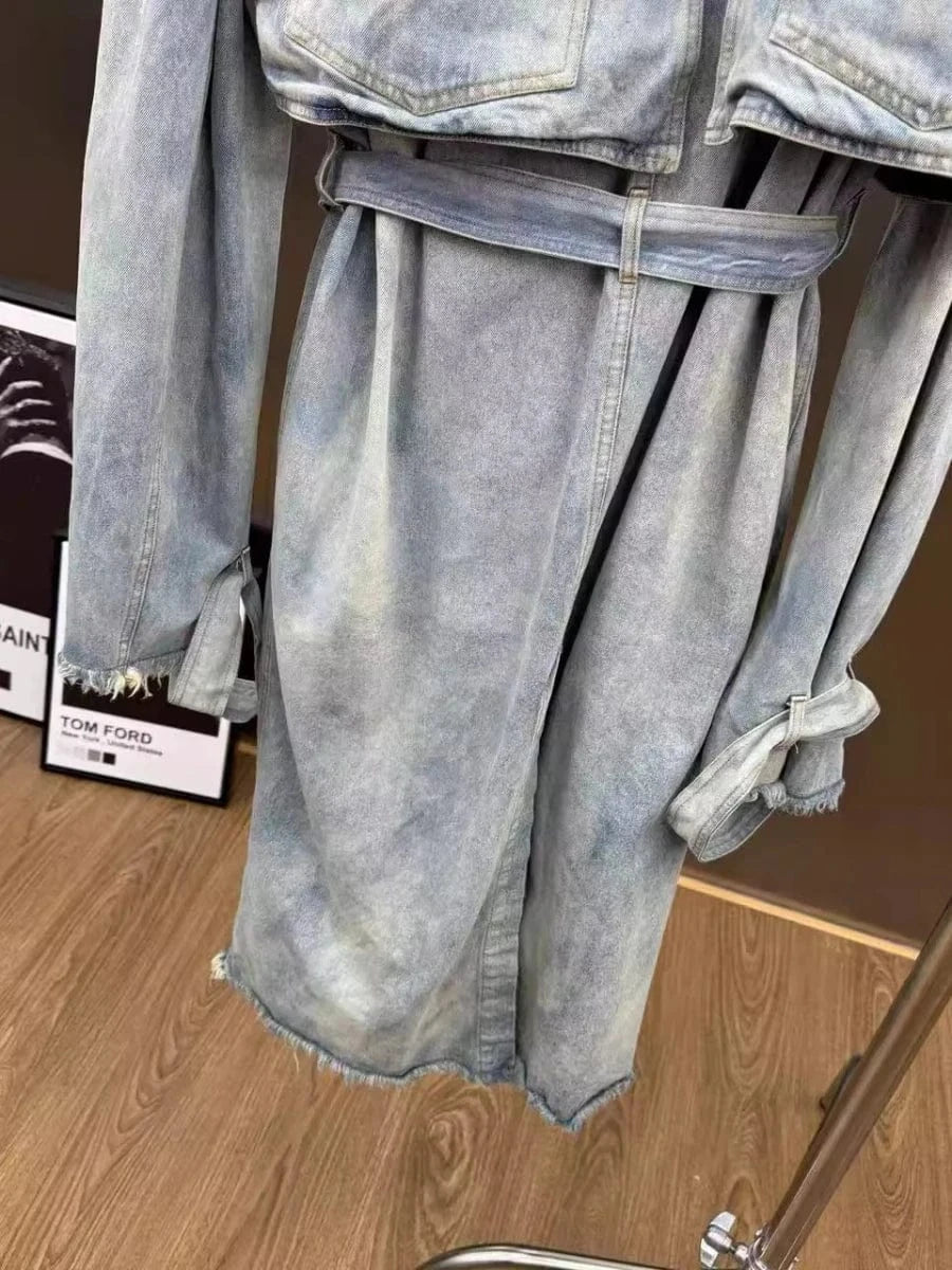 VGH Fashionable Patchwork Bandage Windbreaker for Women Lapel Long Sleeve Slimming Temperament Denim Jacket Female Autumn Style