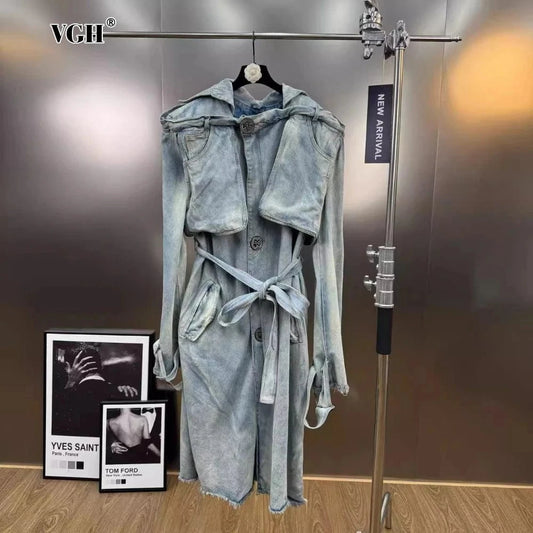 VGH Fashionable Patchwork Bandage Windbreaker for Women Lapel Long Sleeve Slimming Temperament Denim Jacket Female Autumn Style