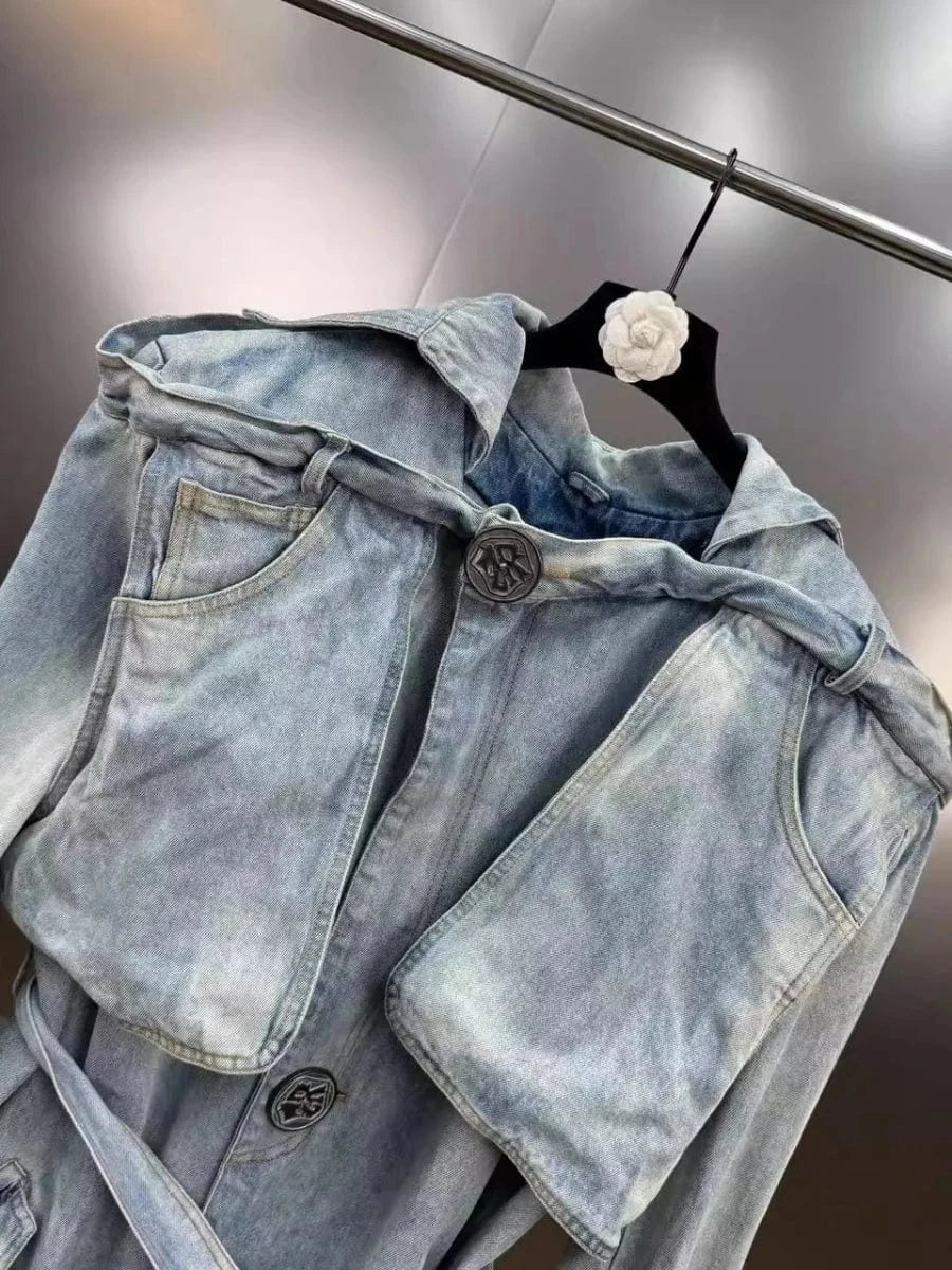 VGH Fashionable Patchwork Bandage Windbreaker for Women Lapel Long Sleeve Slimming Temperament Denim Jacket Female Autumn Style