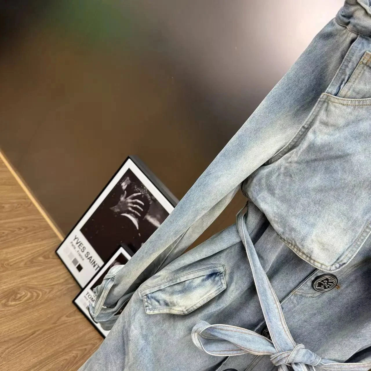 VGH Fashionable Patchwork Bandage Windbreaker for Women Lapel Long Sleeve Slimming Temperament Denim Jacket Female Autumn Style