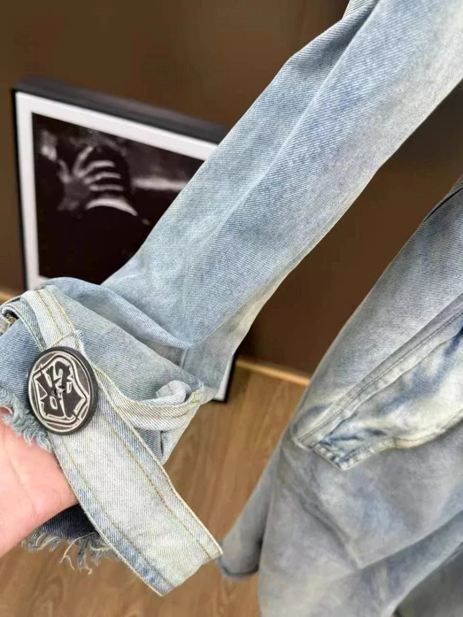 VGH Fashionable Patchwork Bandage Windbreaker for Women Lapel Long Sleeve Slimming Temperament Denim Jacket Female Autumn Style