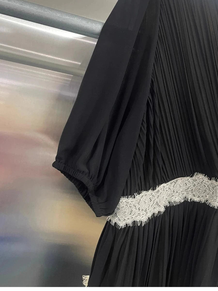 VGH Hit Color Eleagnt Spliced Lace Dress for Women V Neck Short Sleeve High Waist French Retro Style Evening Long Dress Female