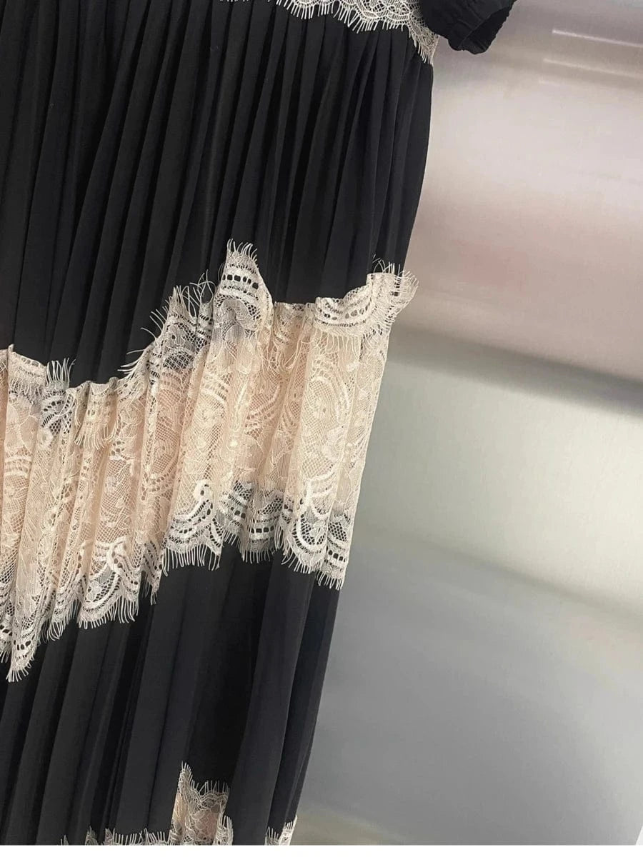 VGH Hit Color Eleagnt Spliced Lace Dress for Women V Neck Short Sleeve High Waist French Retro Style Evening Long Dress Female