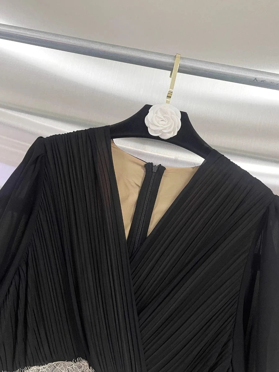 VGH Hit Color Eleagnt Spliced Lace Dress for Women V Neck Short Sleeve High Waist French Retro Style Evening Long Dress Female