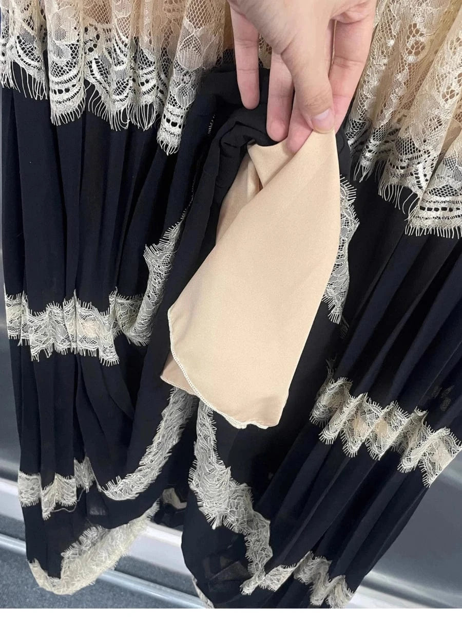 VGH Hit Color Eleagnt Spliced Lace Dress for Women V Neck Short Sleeve High Waist French Retro Style Evening Long Dress Female