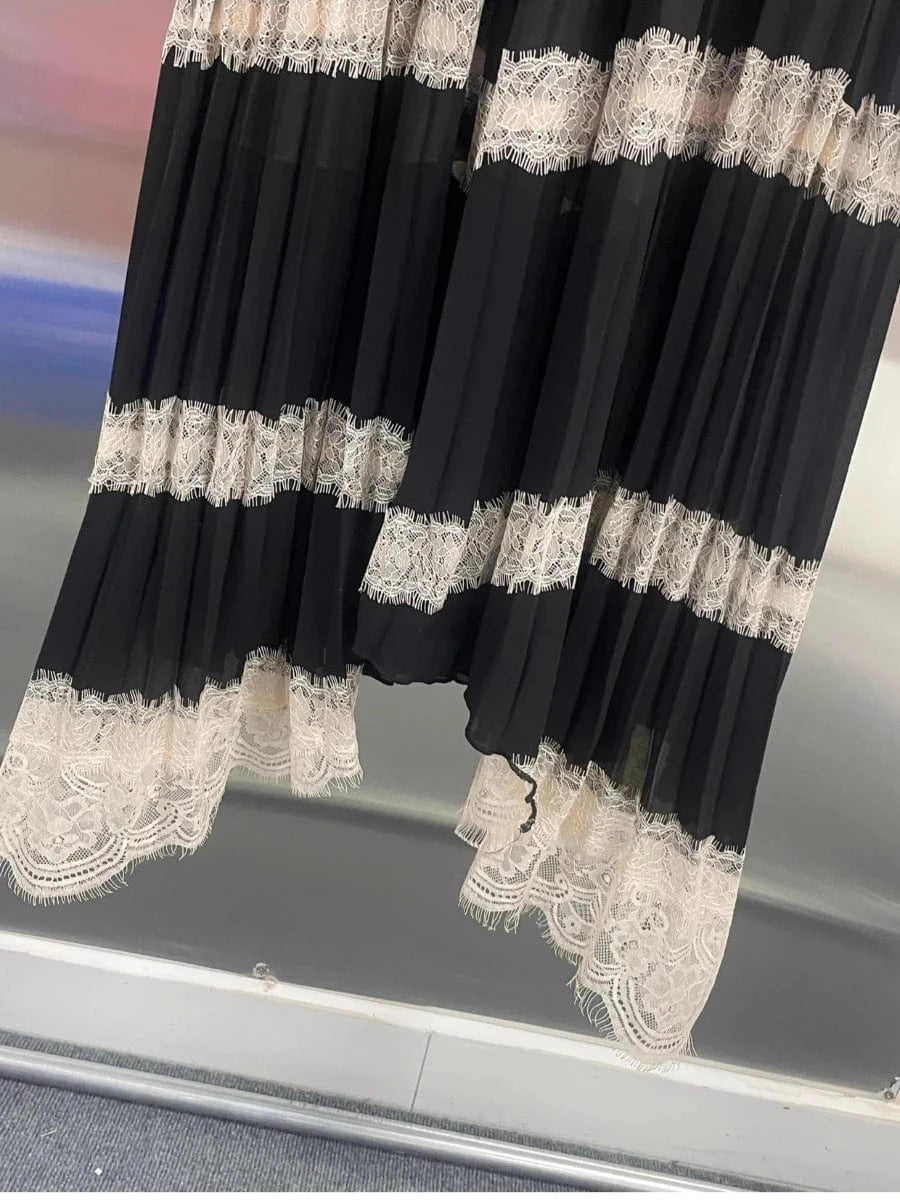 VGH Hit Color Eleagnt Spliced Lace Dress for Women V Neck Short Sleeve High Waist French Retro Style Evening Long Dress Female