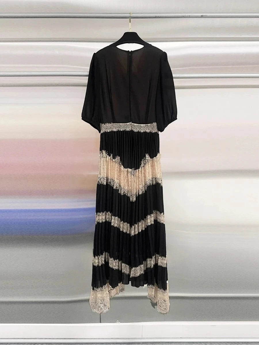 VGH Hit Color Eleagnt Spliced Lace Dress for Women V Neck Short Sleeve High Waist French Retro Style Evening Long Dress Female