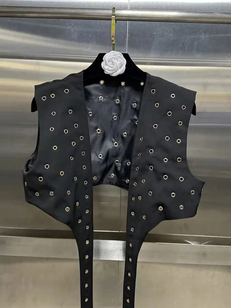 VGH Hollow Out Patchwork Rivets Waistcoats For Women V Neck Sleeveless Spliced Belt Slimming Short Waistcoat Female Fashion New
