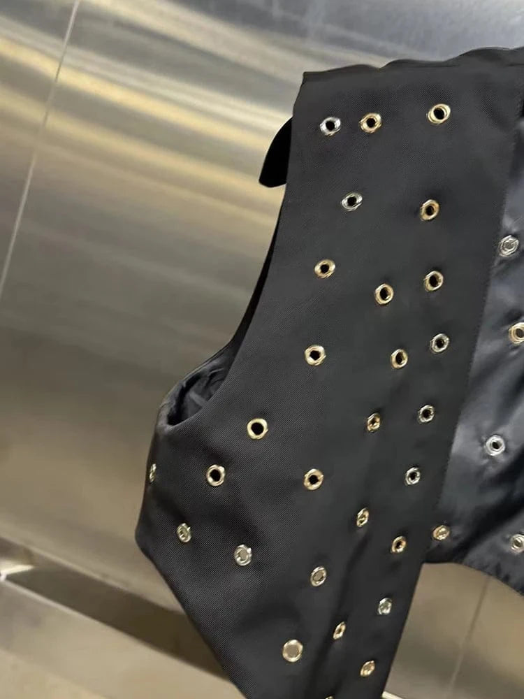 VGH Hollow Out Patchwork Rivets Waistcoats For Women V Neck Sleeveless Spliced Belt Slimming Short Waistcoat Female Fashion New