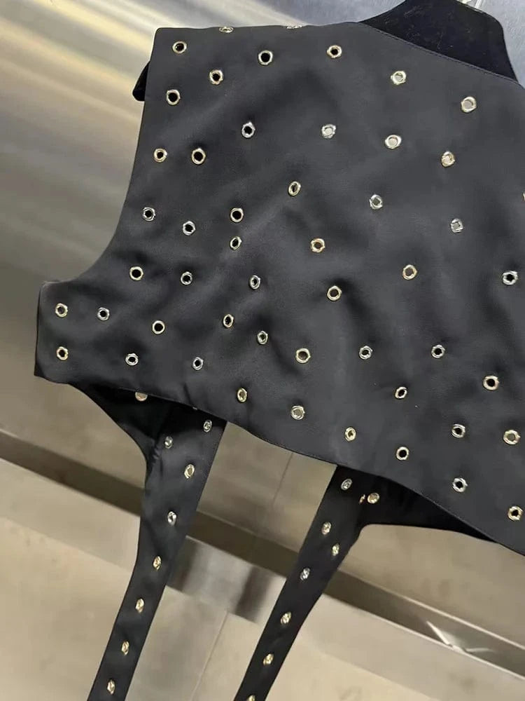 VGH Hollow Out Patchwork Rivets Waistcoats For Women V Neck Sleeveless Spliced Belt Slimming Short Waistcoat Female Fashion New