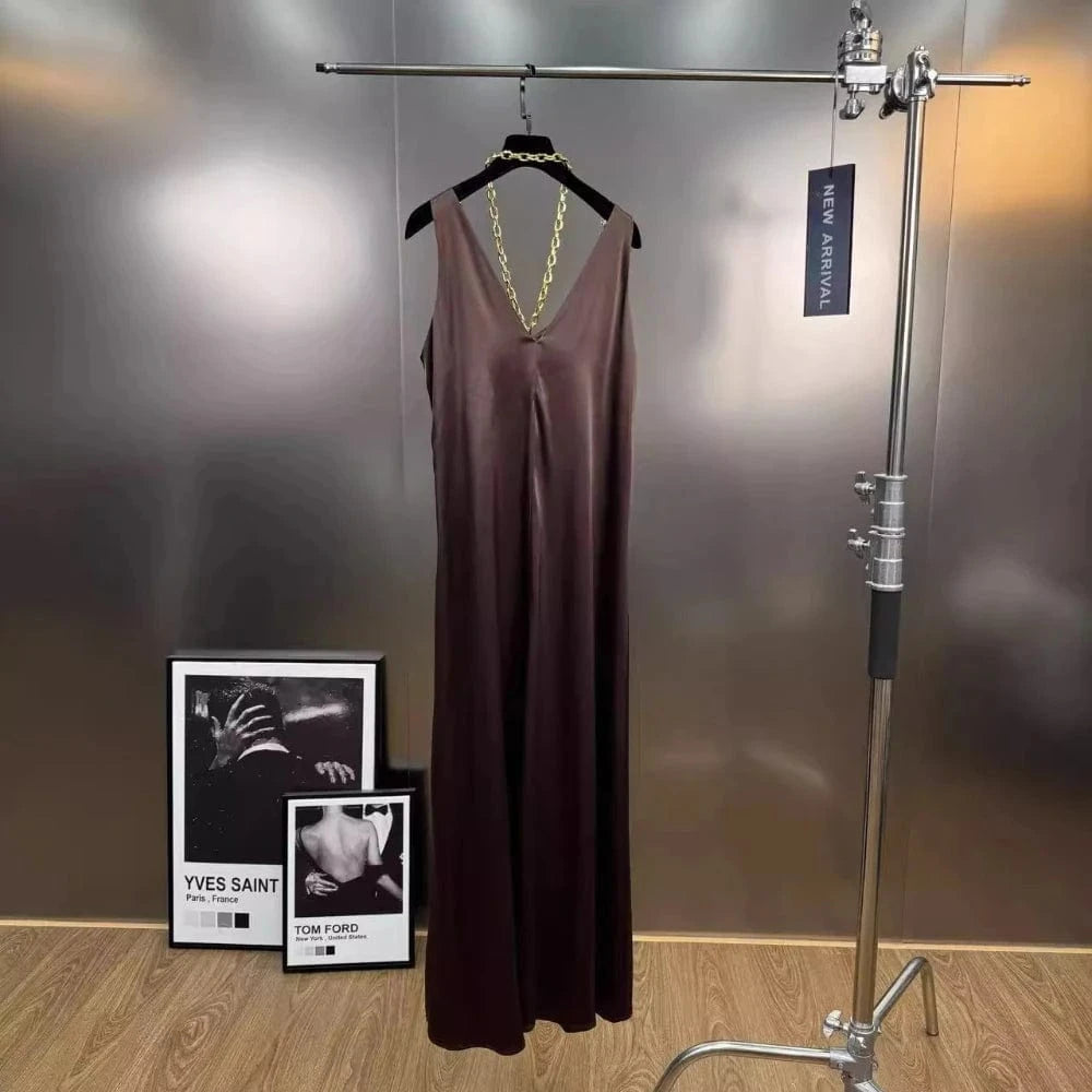 VGH Minimalist Spliced Chain Long Sundresses for Women V Neck Sleeveless High Waist Patchwork Metal Buckles Dress Female Summer