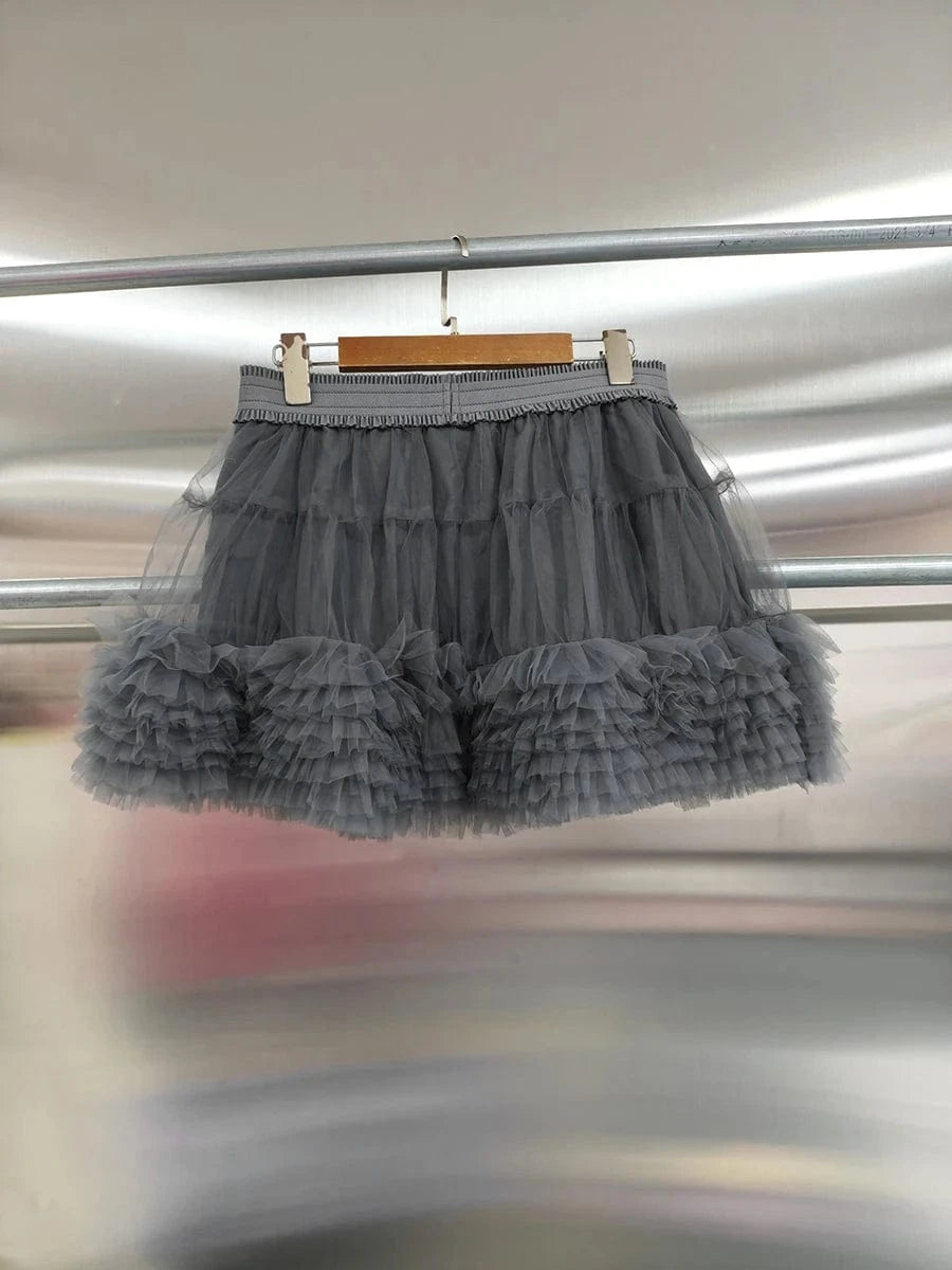 VGH Patchwork Tierred Mesh Ball Gown for Women High Waist Spliced Elastic Solid Sweet Fashion Style Mini Skirts Female Clothes