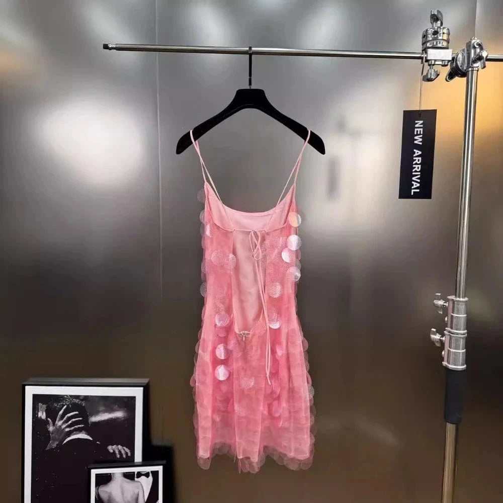 VGH Sexy Patchwork Sequined Camisole Dress for Women O Neck Sleeveless Spliced Crisscross Bandage Backless Mini Dresses Female