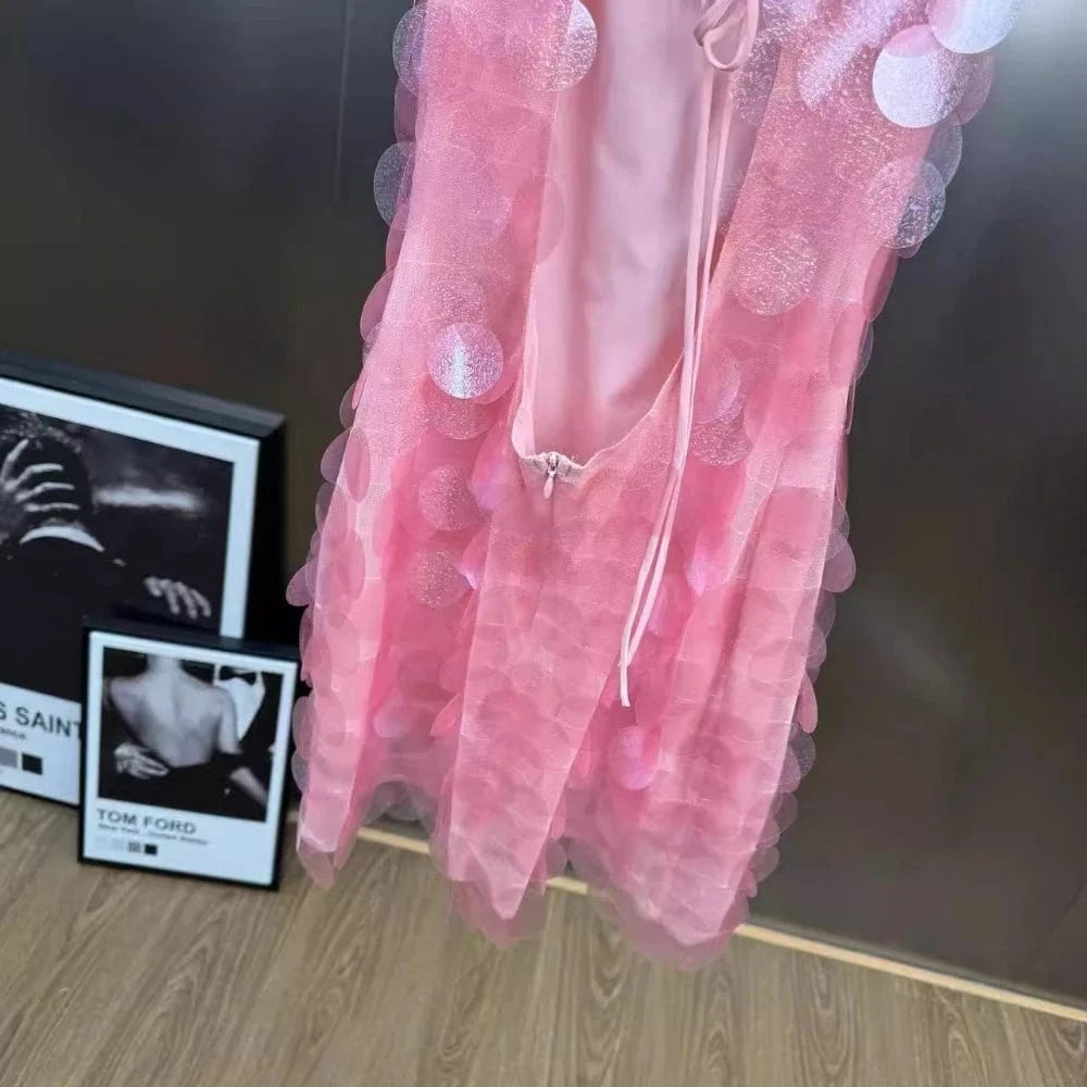 VGH Sexy Patchwork Sequined Camisole Dress for Women O Neck Sleeveless Spliced Crisscross Bandage Backless Mini Dresses Female