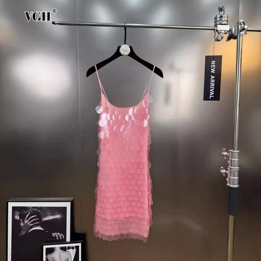 VGH Sexy Patchwork Sequined Camisole Dress for Women O Neck Sleeveless Spliced Crisscross Bandage Backless Mini Dresses Female